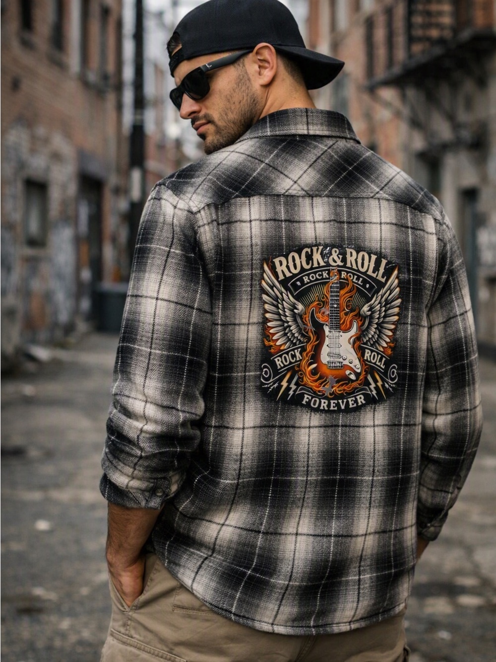 Plaid Flannel Jacket Mens Size XL Custom Reworked Black White Rock & Roll